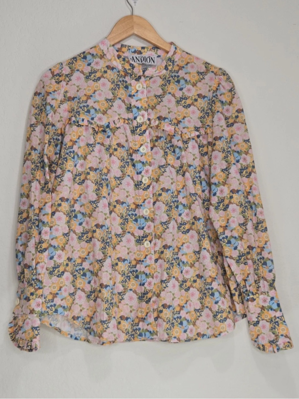 Andion Spain Cotton Button Down Floral Blouse Size L Womens